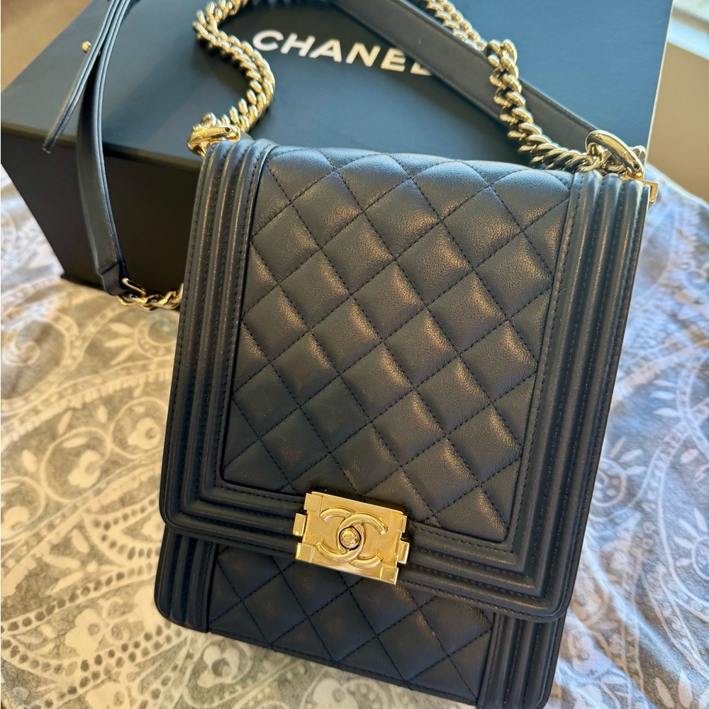 Chanel North South Boy Bag Midnight Blue Quilted Crossbody Bag Champagne Hardwar